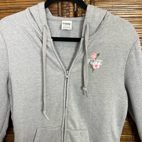 Victoria's Secret PINK Y2K Heathered Gray Full Zip Flower HOODED SWEATSHIRT S - Picture 4 of 4